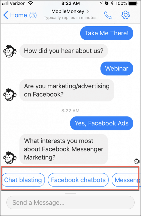 facebook messenger quick question survey buttons