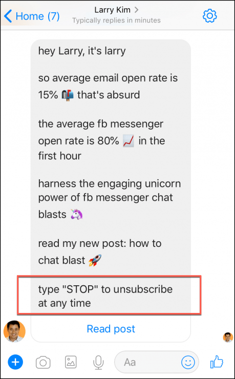 unsubscribe chat blast in messenger