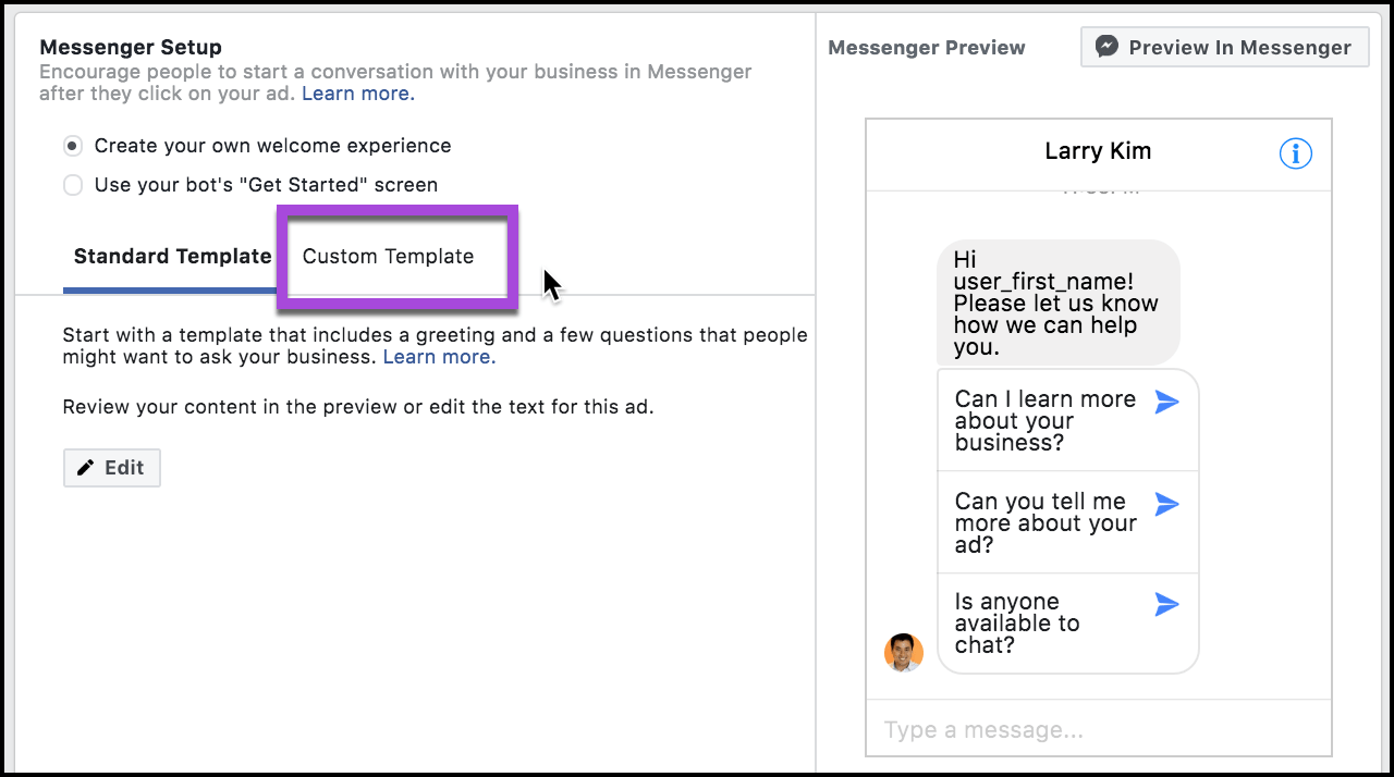 custom template messenger