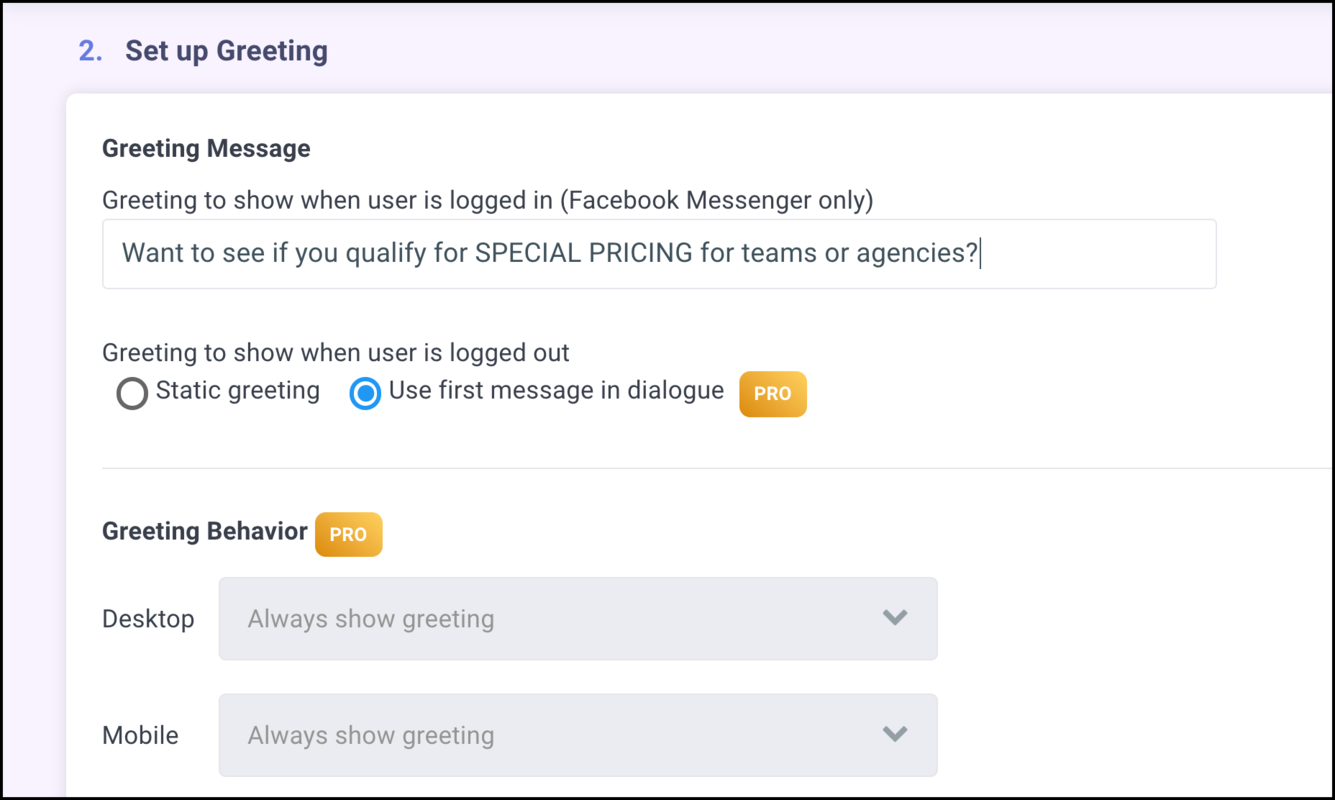 set up facebook customer chat greeting