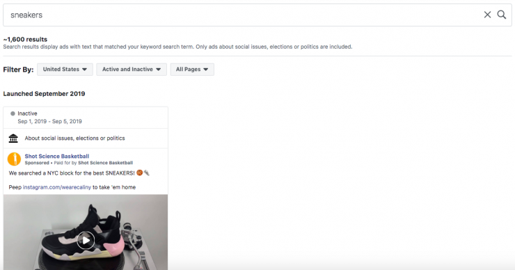 Facebook Tools: Image of Facebook Ads Library search for "sneakers"