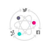 Facebook Tools: A shape that resembles an atom, surrounded by different social platform logos, symbolizing that they are all connected using one tool.