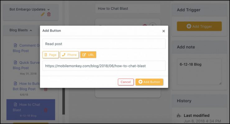 cta button in chatbot dialogue