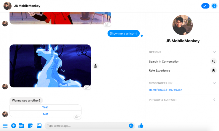 How to build a bot for business: Chatbot displaying unicorn GIF after user selects "Show me a unicorn" option