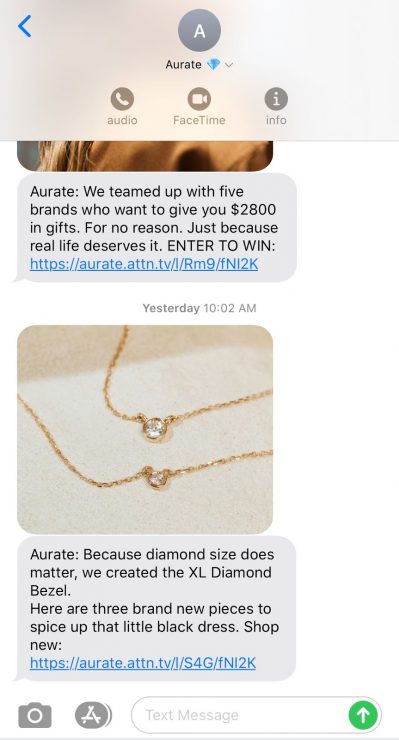 Gift Finder Chatbot: An SMS text blast from Aurate advertising new jewelry