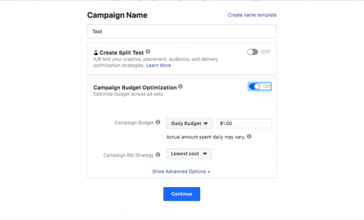 messenger chatbot for instagram: create campaign name and determine budget