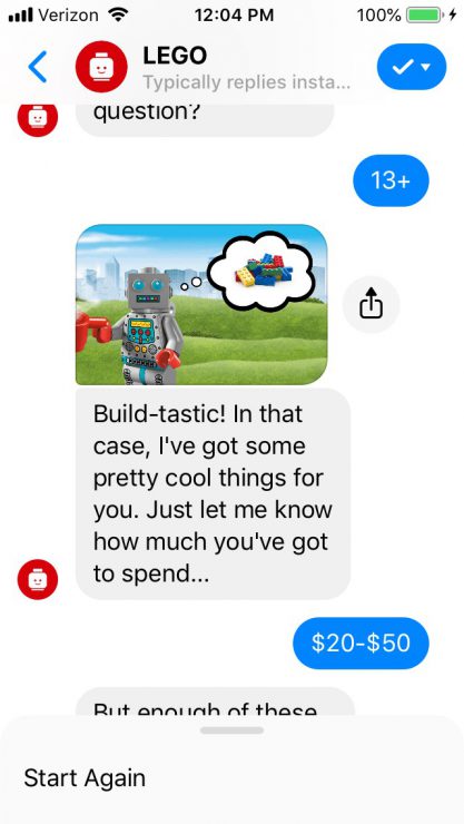 Gift Finder Chatbot: LEGO bot age question