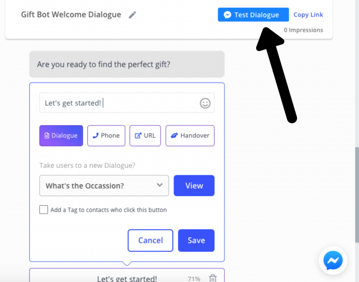 messenger chatbot for instagram: test dialogue button in bot builder