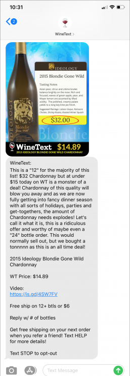 Gift Finder Chatbot: An image of a text message from Wine Text, a mobile wine offers program
