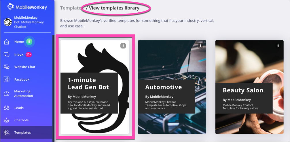 Customers.ai chatbot templates library lead gen bot
