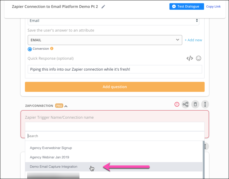 select the zap for email integration in chatbot