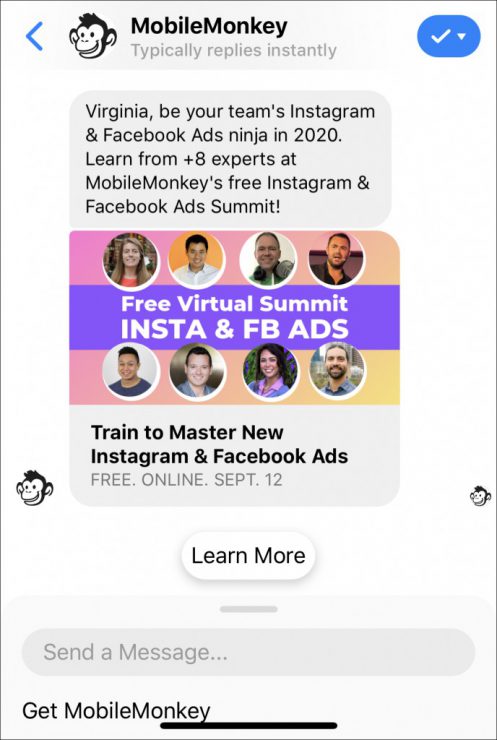 messenger chatbot for instagram: image of a sponsored message for a Customers.ai webinar