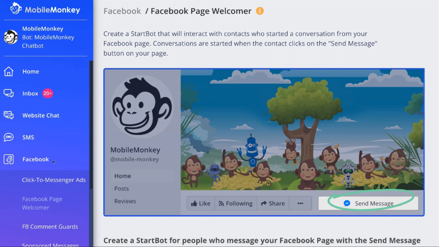 The Facebook Page Welcomer section inside Mobile Monkey