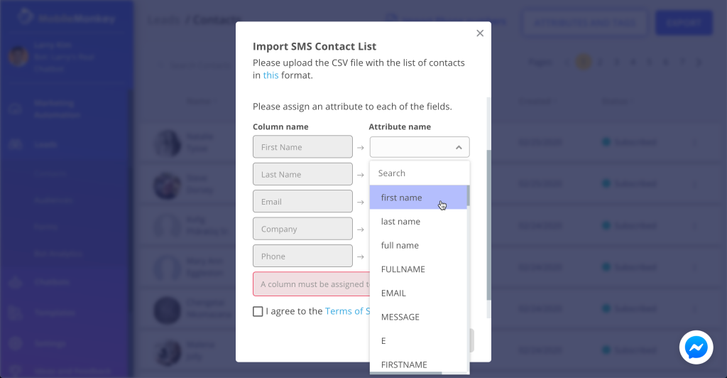 drop down to assign attributes to Customers.ai contact database