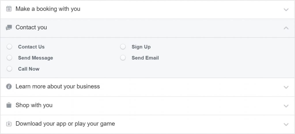 Options that Facebook allow you to choose from for the CTA button on your Facebook Page
