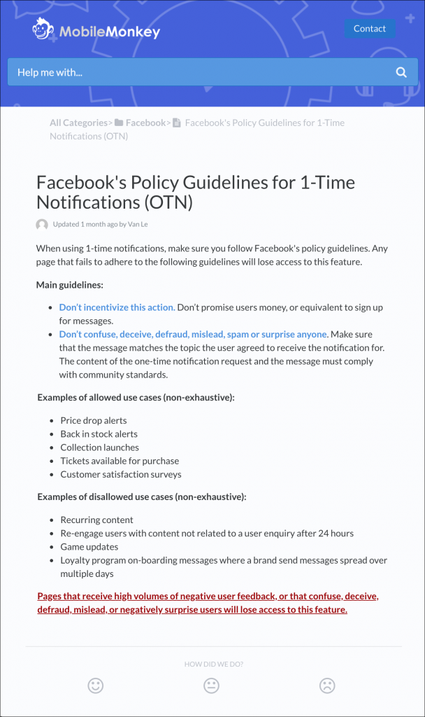 Facebook one-time notification polity