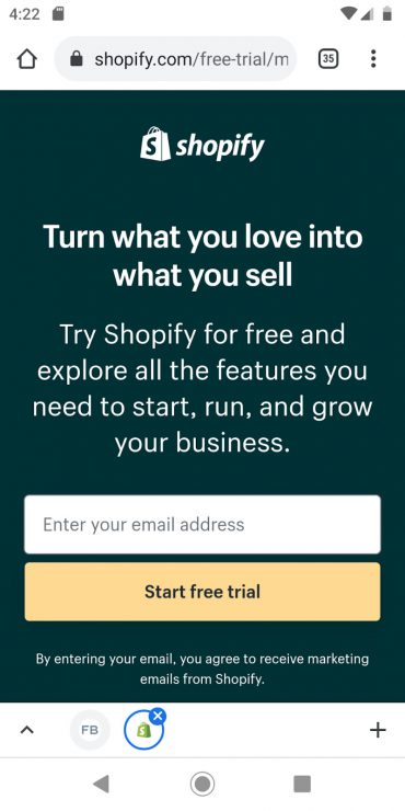 Shopify’s desktop landing page