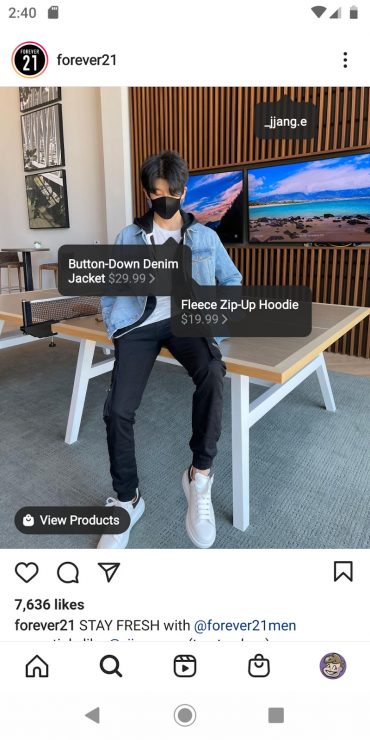 A shoppable Instagram post that tags an influencer in a denim jacket and a fleece hoodie. The CTA reads “View Products.”