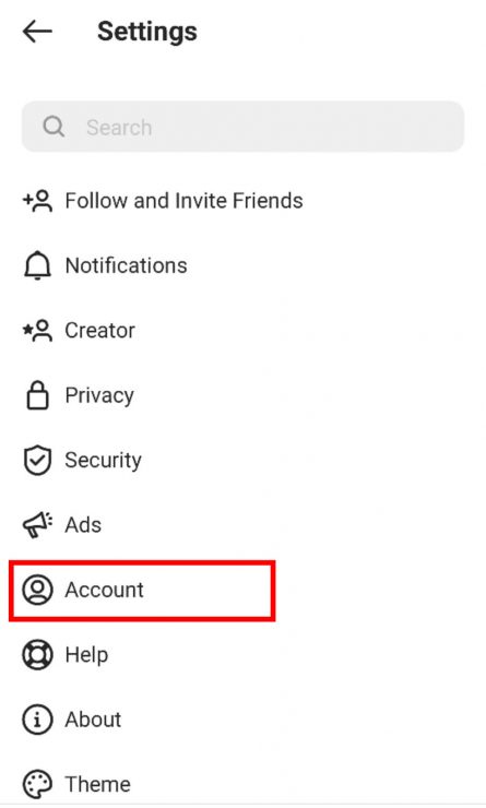 An image showing where to find the Account tab under Settings in Instagram.
