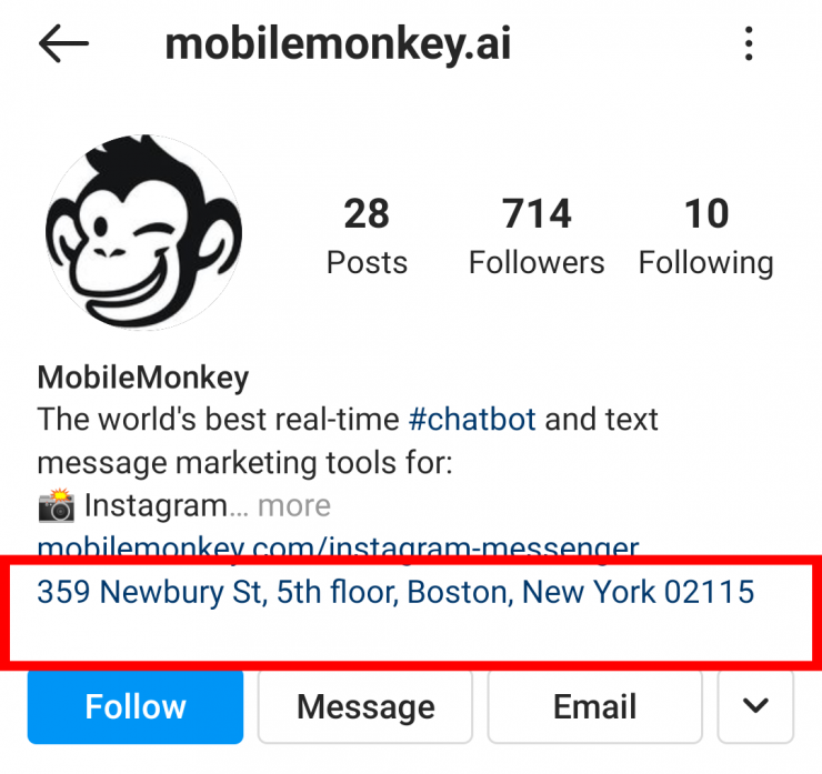 Customers.ai’s Instagram profile. The physical address shows up under the business bio.