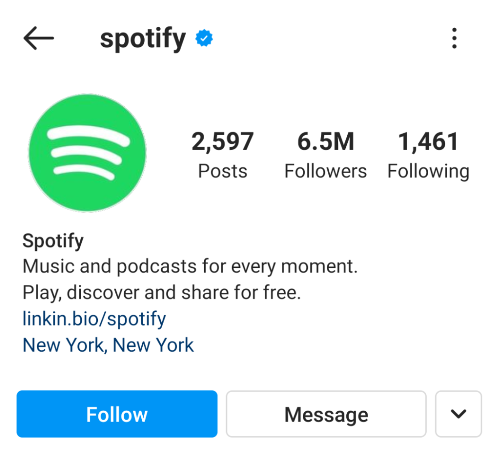 Spotify’s Instagram profile. “Music and podcasts for every moment. Play, discover, and share for free.”