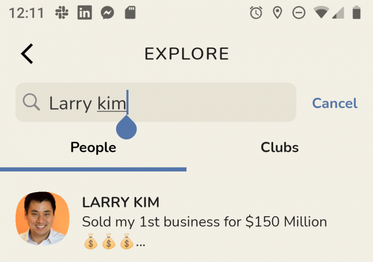 A screenshot of Larry Kim’s search results on Clubhouse for Android