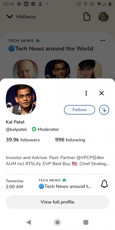 Screenshot of Kal Patel’s profile inside a room on Clubhouse for Android