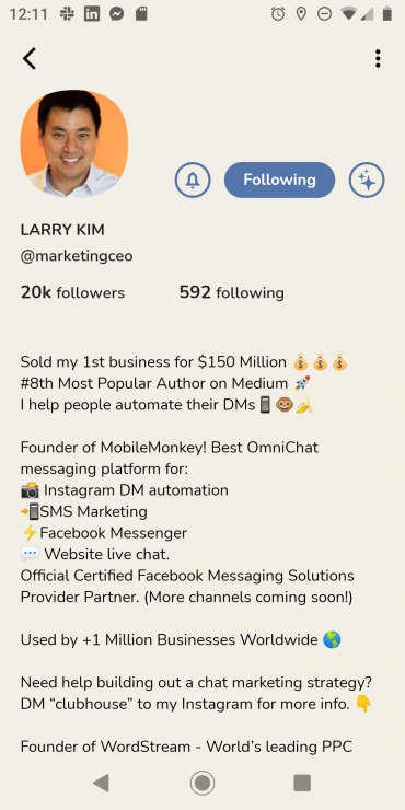 Larry Kim’s profile on Clubhouse for Android