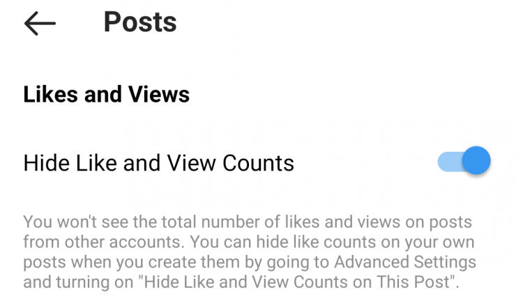 A screenshot showing how to toggle hidden likes on Instagram.