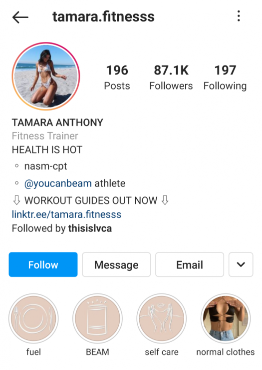 Tamara Fitness Instagram Story Highlight example