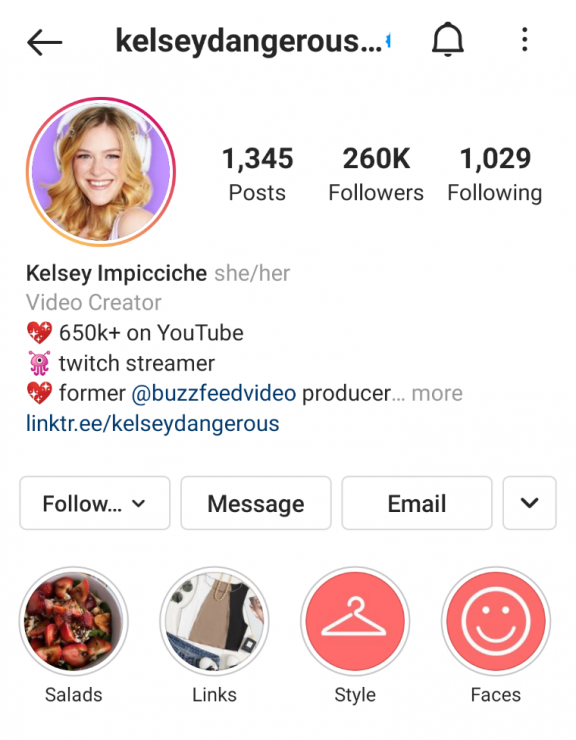 Kelsey Impicciche Instagram Story Highlight example