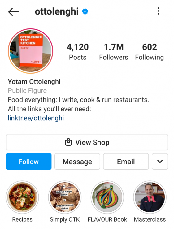 Yotam Ottolenghi Instagram Story Highlight example