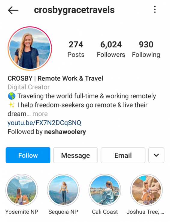 Crosby Grace Travels Instagram Story Highlight example