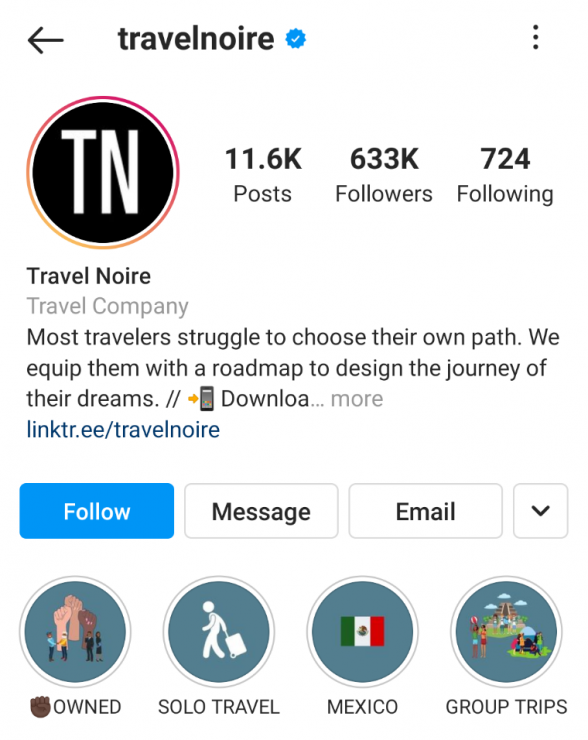 Travel Noire Instagram Story Highlight example