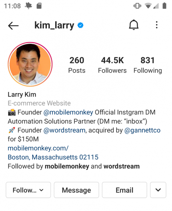 Customers.ai CEO Larry Kim’s Instagram bio