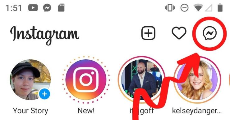 Instagram profile with messenger symbol highlighted