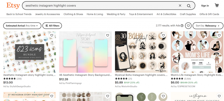 An Etsy search for aesthetic instagram highlight covers