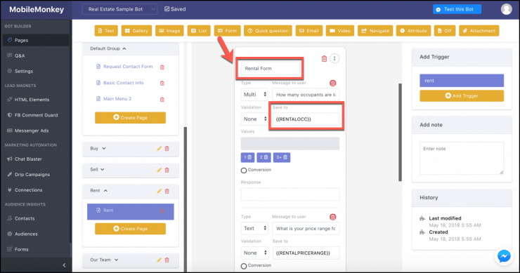 conversion form in facebook messenger