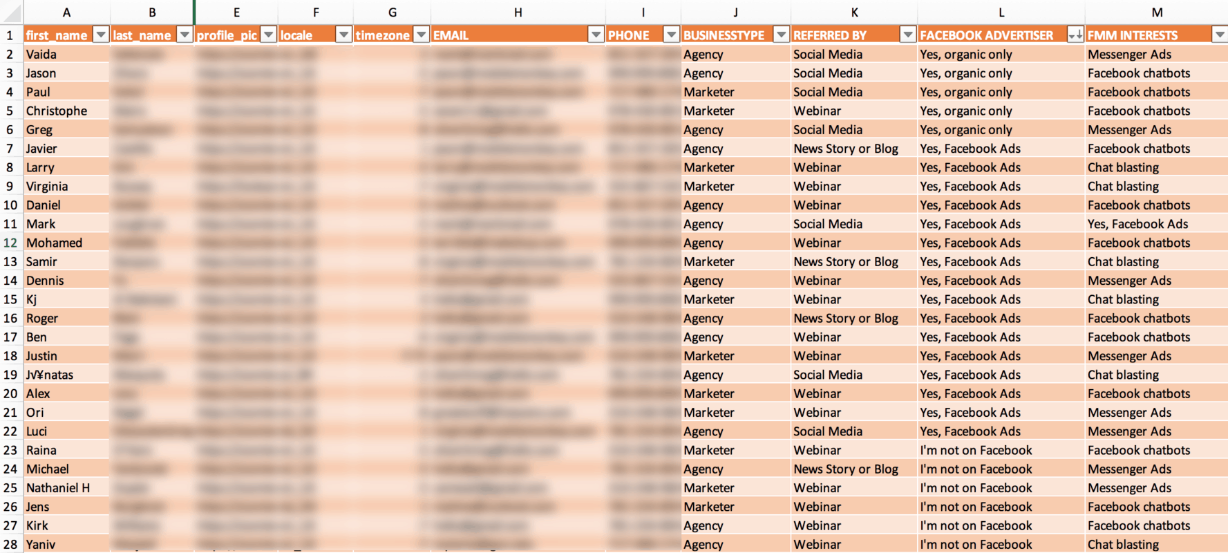 messenger survey responses in excel