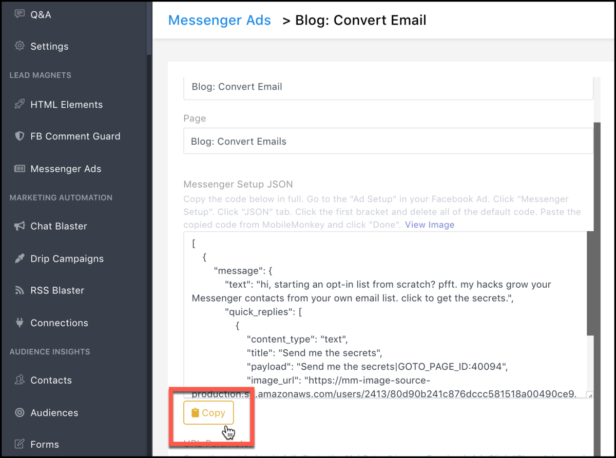 copy messenger ad json