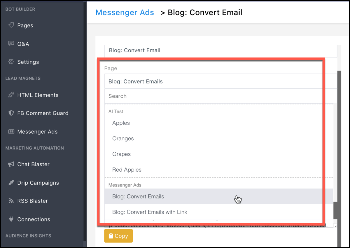 messenger ad drop-down selector