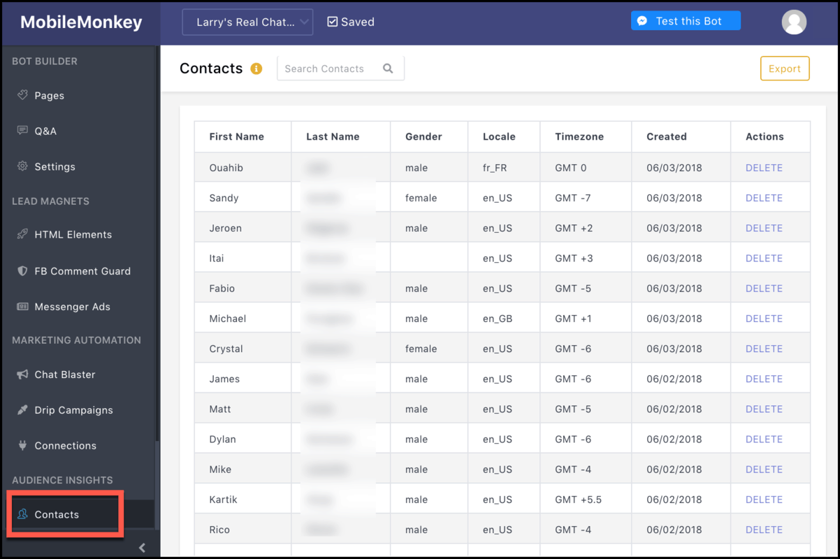 standard facebook messenger contact attributes