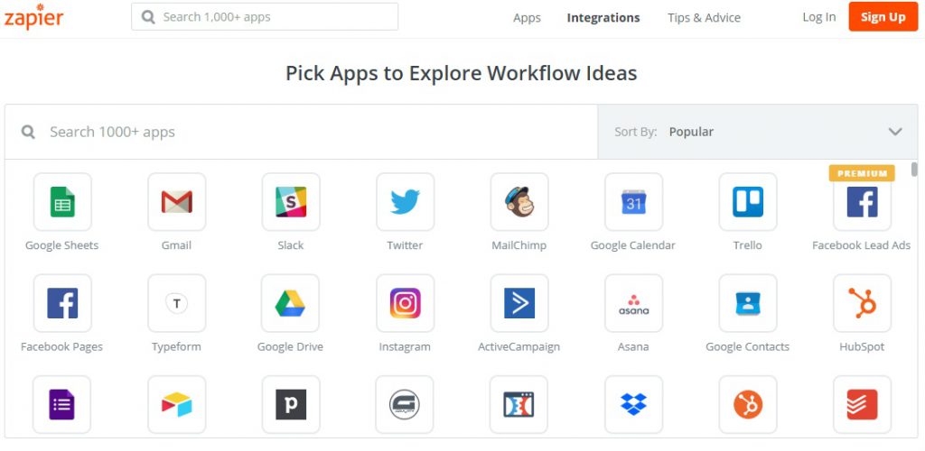 Screenshot of Zapier Integrations