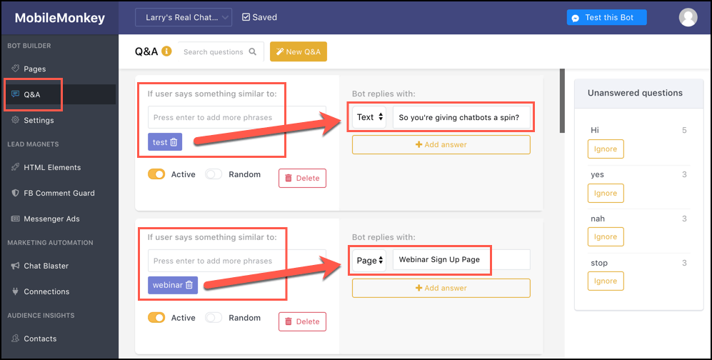 Set up page for automated Q&A triggers