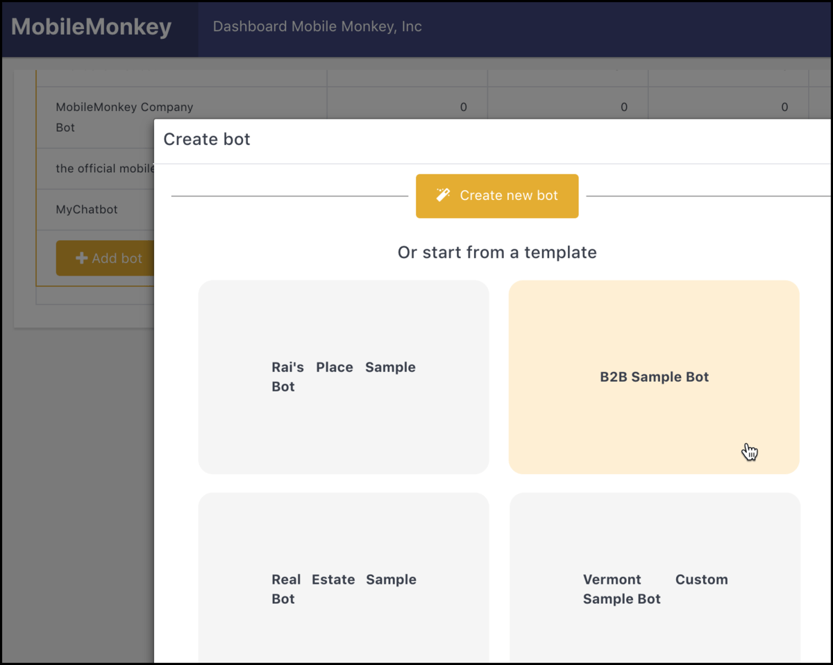 Customers.ai dashboard page to create new bot or choose a template