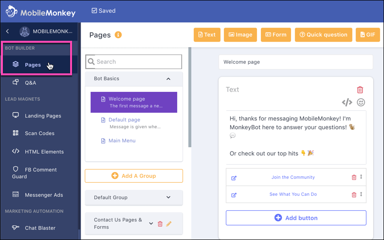 pages-in-bot-builder