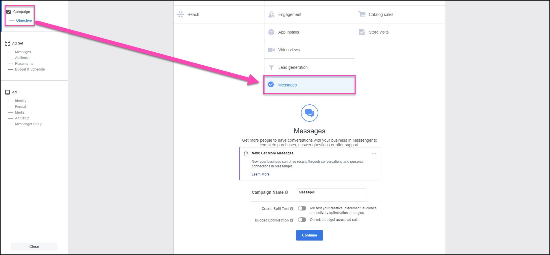messages fb ad objective