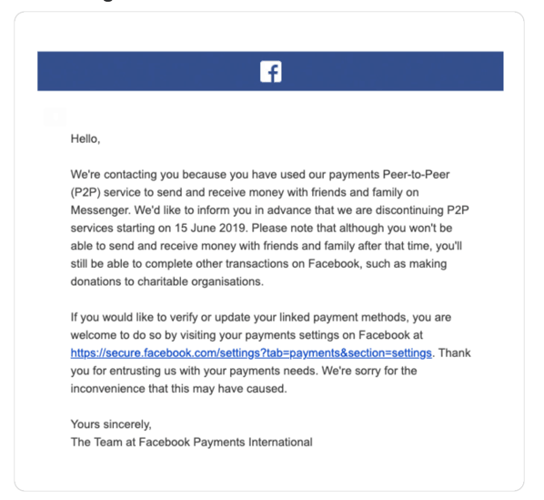 Facebook P2P Messenger Payments Dead