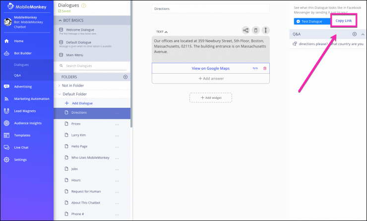 Facebook Messenger Funnel dialogue link