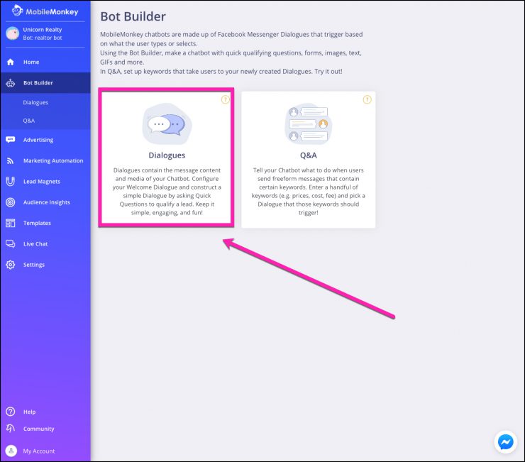 messenger chatbot for instagram: dialogues option in bot builder